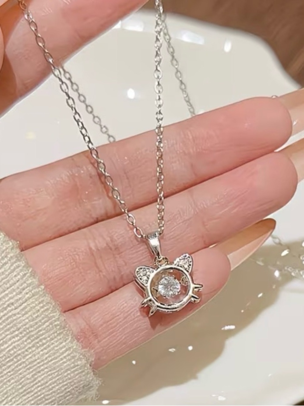 Delicate Silver Cat Pendant Necklace with Clear Stone - Picture 5 of 5